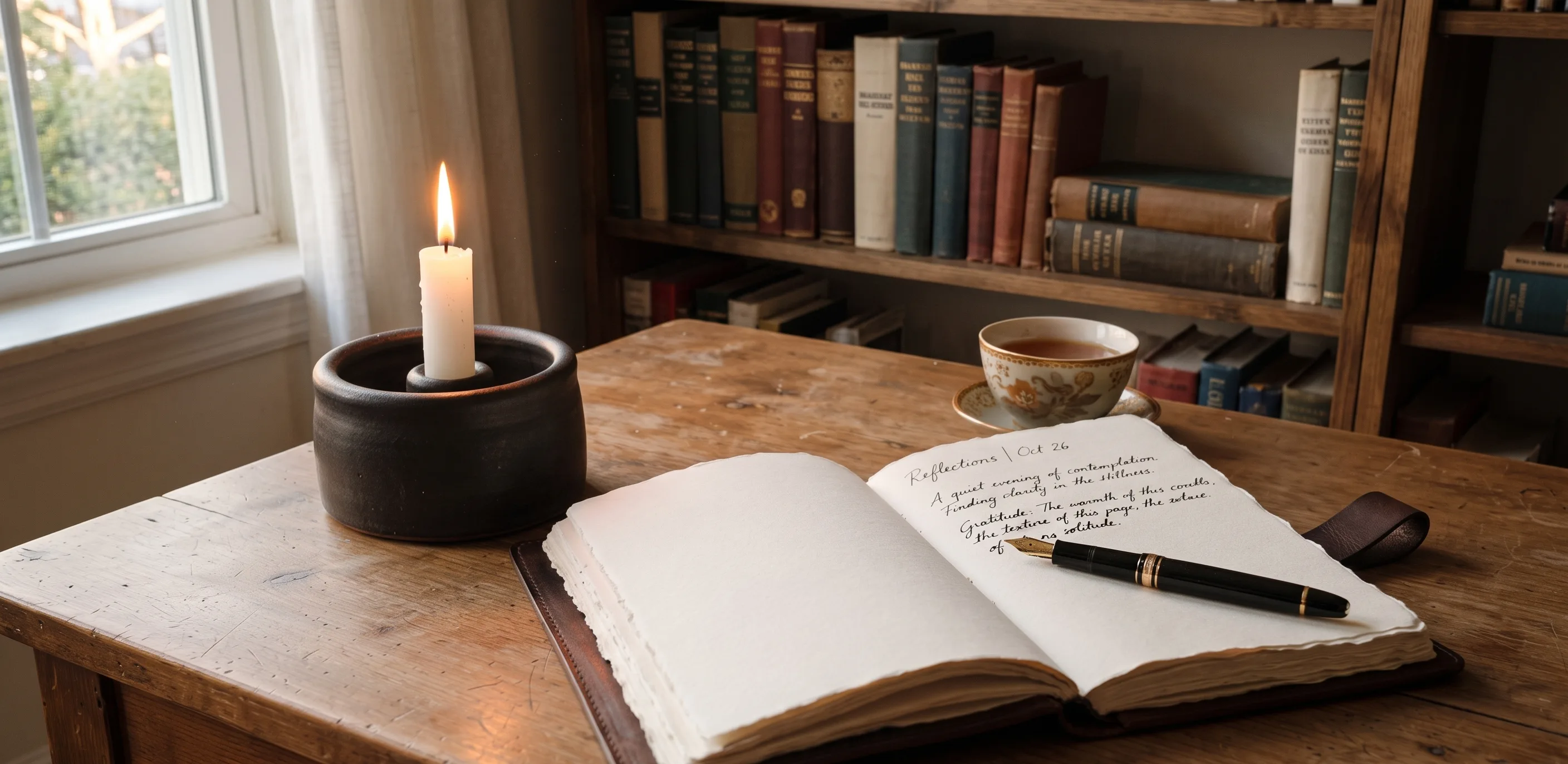 A serene, minimalist scene of a single lit white candle in a heavy, dark ceramic holder, placed on a clean wooden desk beside an open, high-quality leather-bound journal and a luxury fountain pen. The overall aesthetic is dark academia…