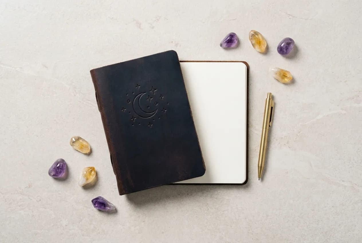 A flat lay of astrological tools: a brass pen and a leather-bound notebook.