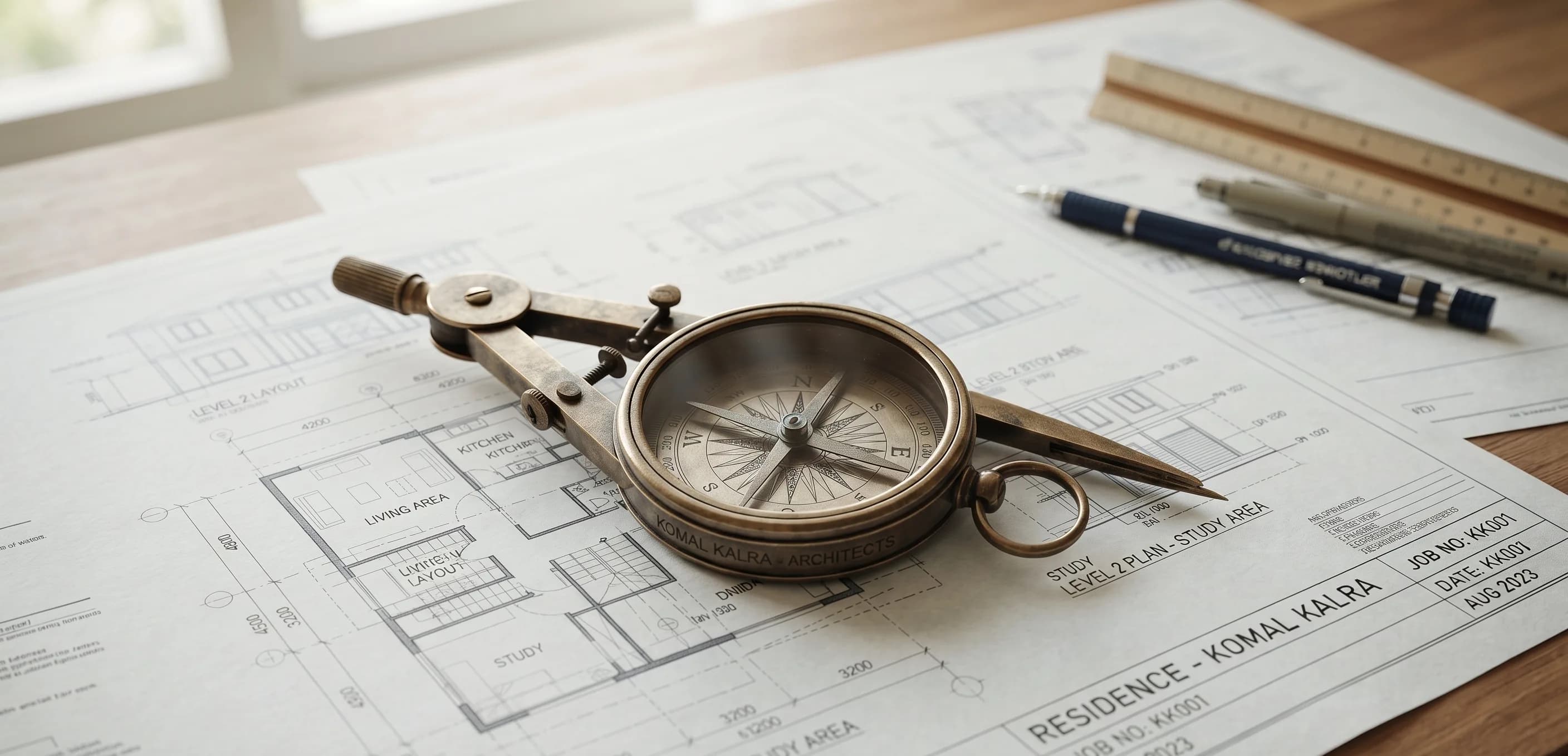 A macro, detailed shot of an antique brass compass resting on top of complex architectural blueprints or minimalist architectural sketches. The lighting is crisp and moody, emphasizing the texture of the paper and the metallic sheen of…