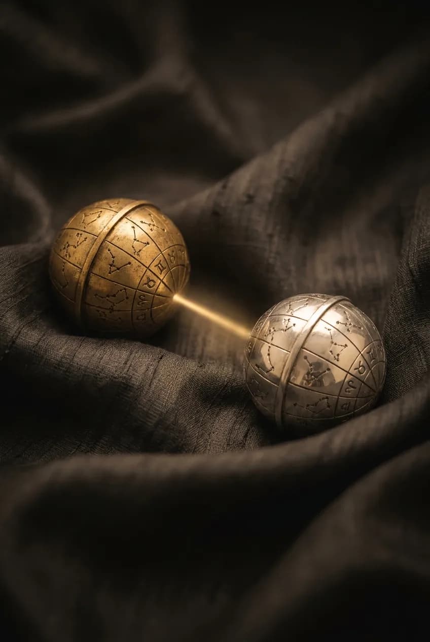 Two small engraved celestial globes, one brass and one silver, resting on dark folded fabric and joined by a single beam of light.